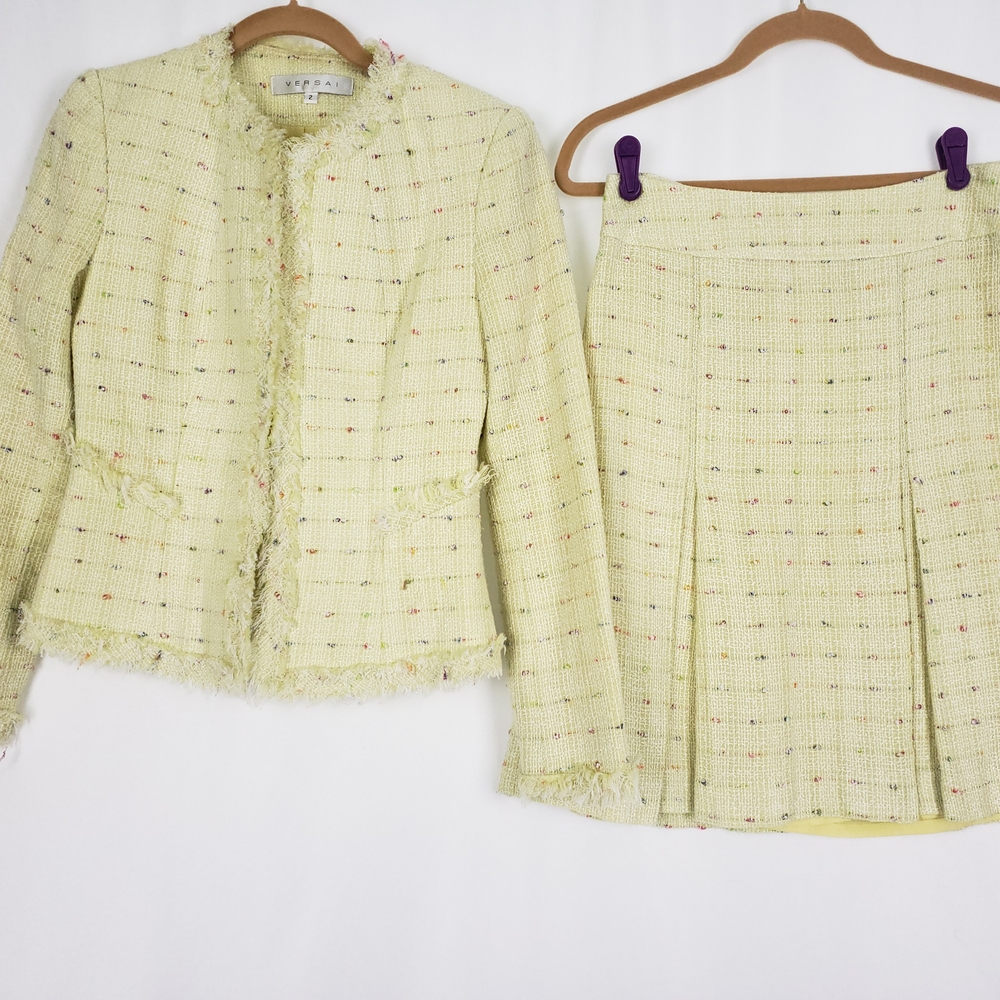 Reversai Cream Yellow Tweed Blazer Jacket Suit Set Size 2